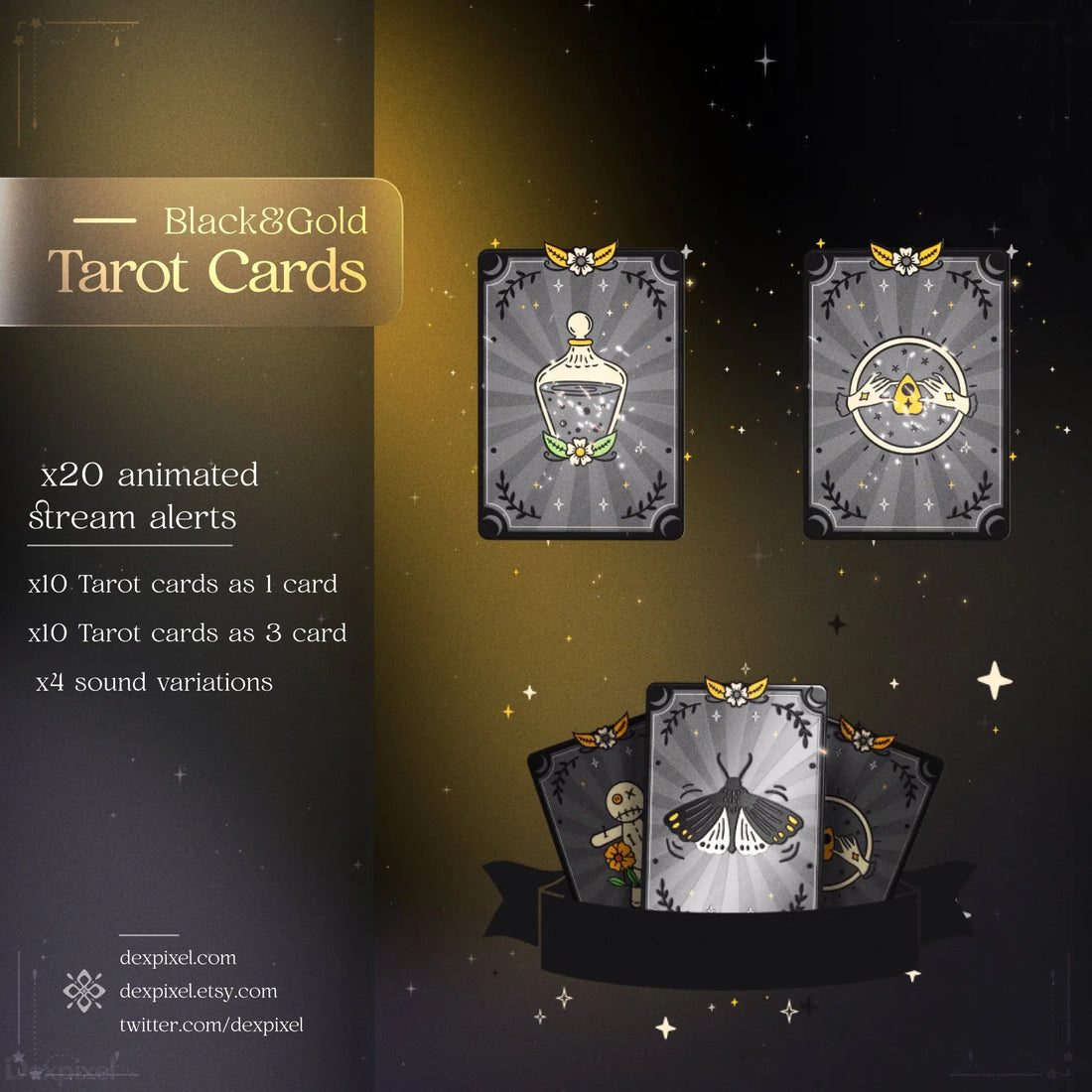 Black and gold themed tarot card deck with mystical designs.