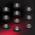 Collection of dark gothic-style tombstones arranged in a grid pattern, each decorated with different spooky symbols and red accents.