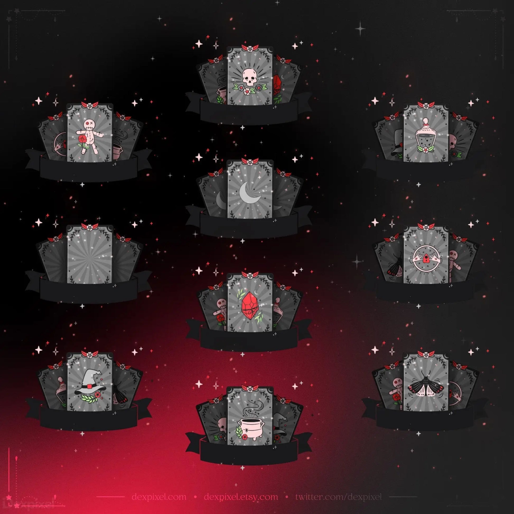 Collection of dark gothic-style tombstones arranged in a grid pattern, each decorated with different spooky symbols and red accents.