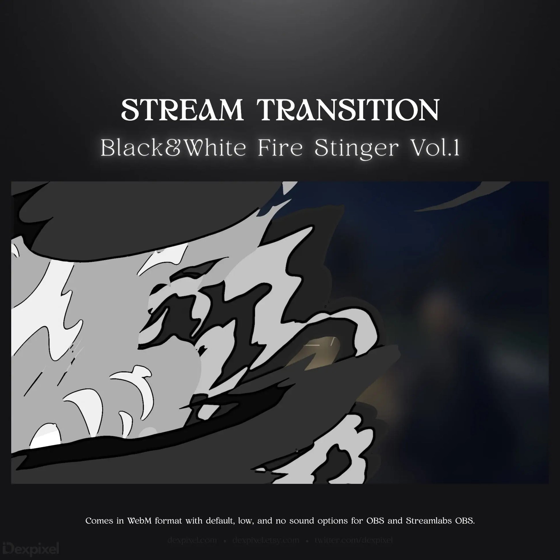 Black and white fire stream transition.