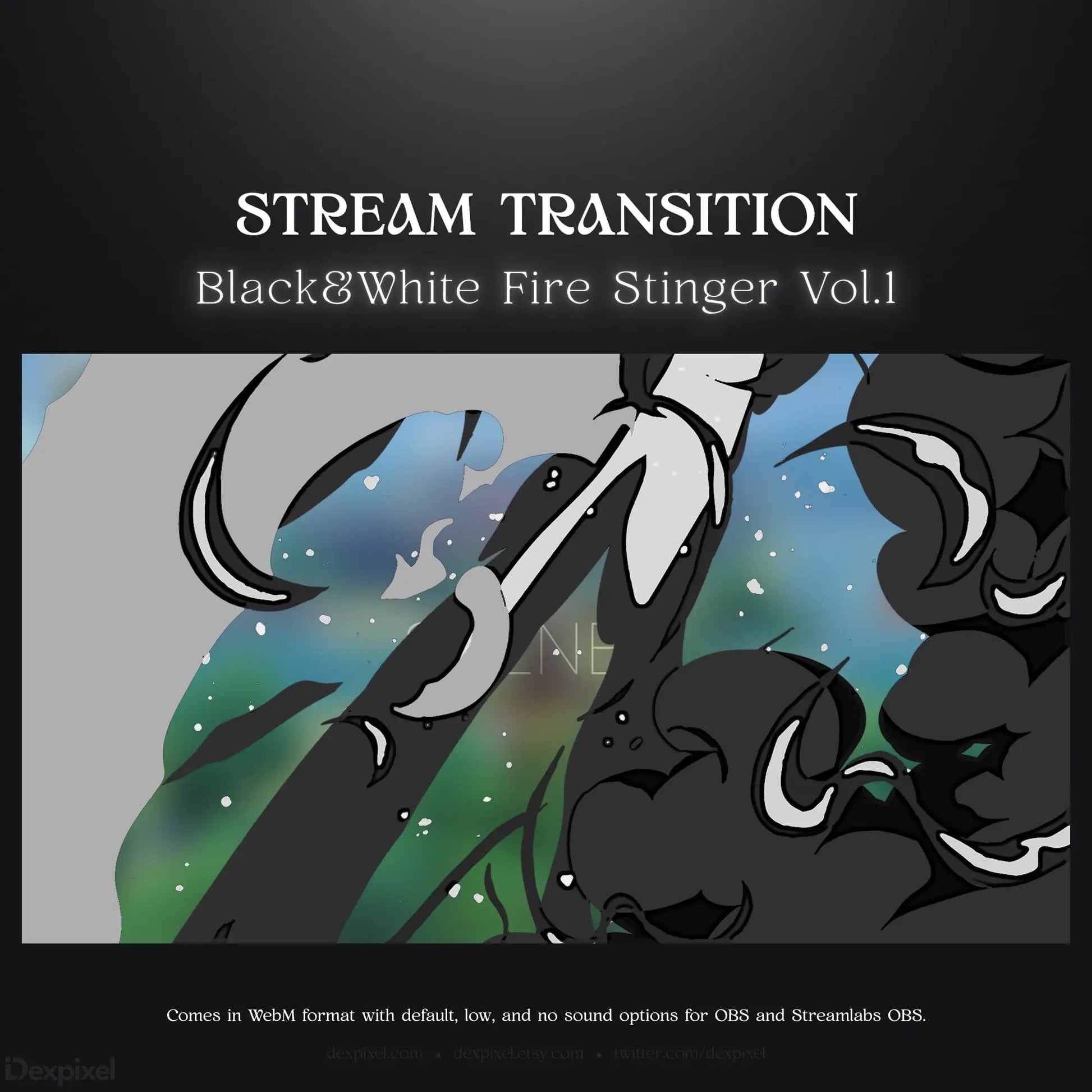 Black and white fire stinger stream transition.