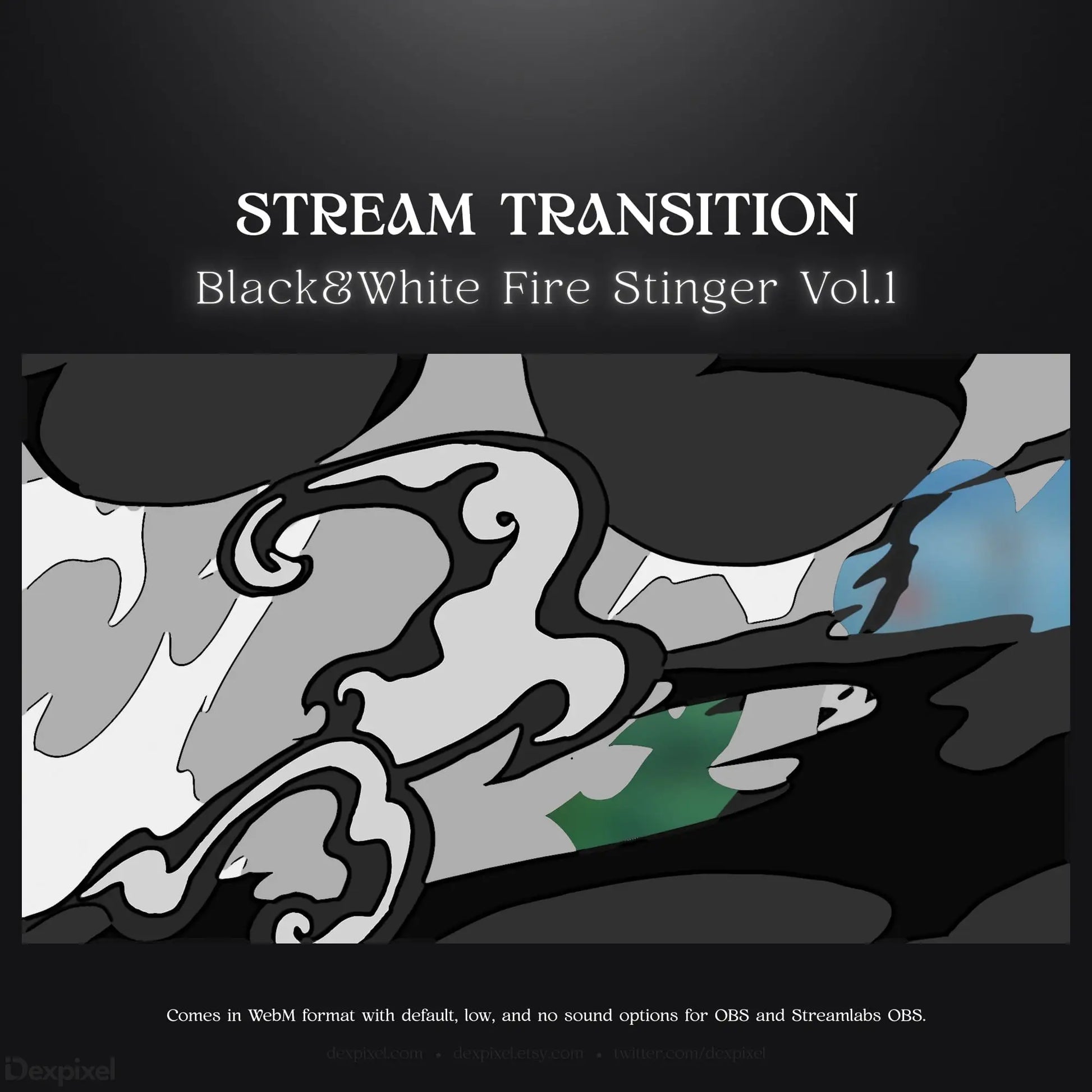 Black and white fire stinger stream transition.