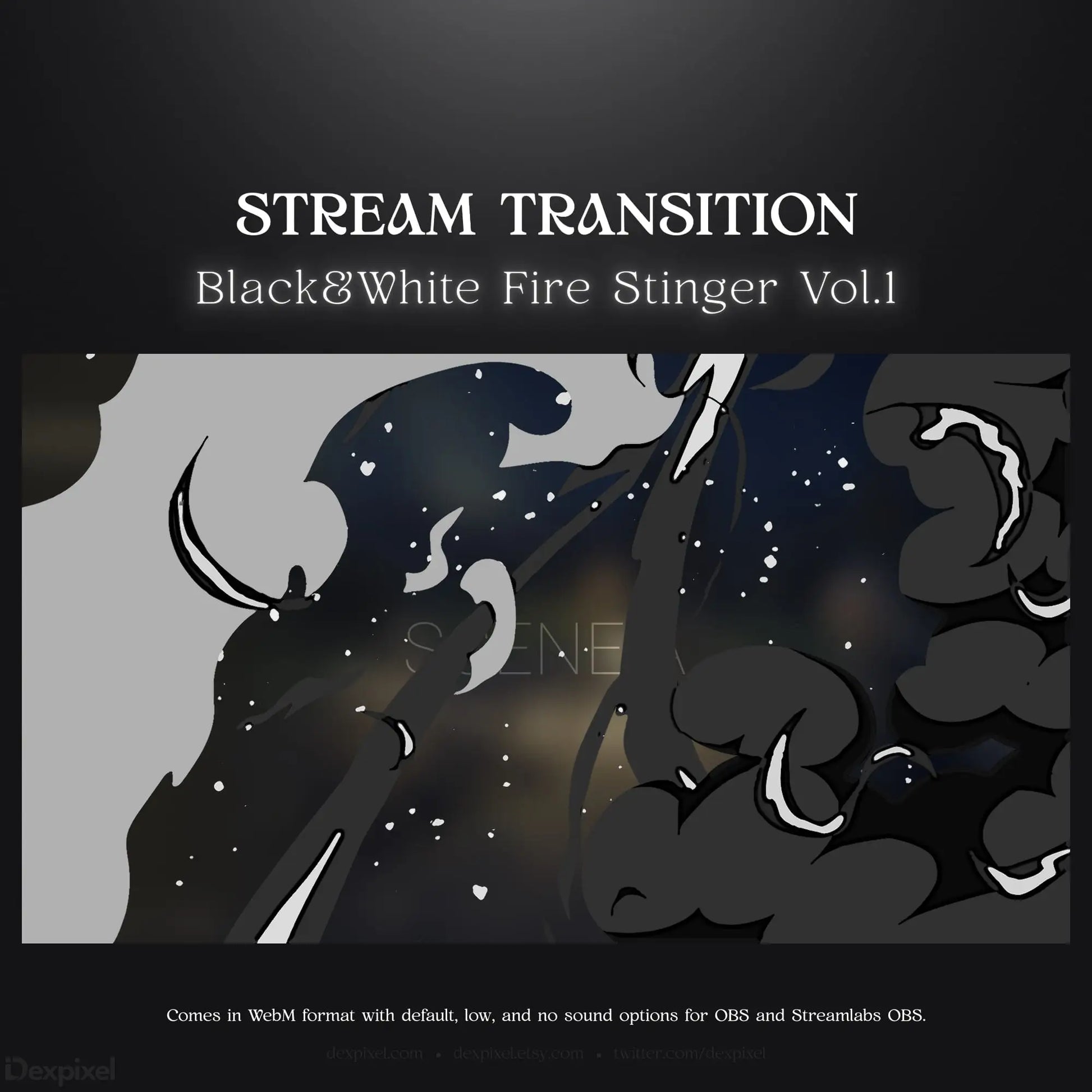 Black and white fire stinger stream transition.