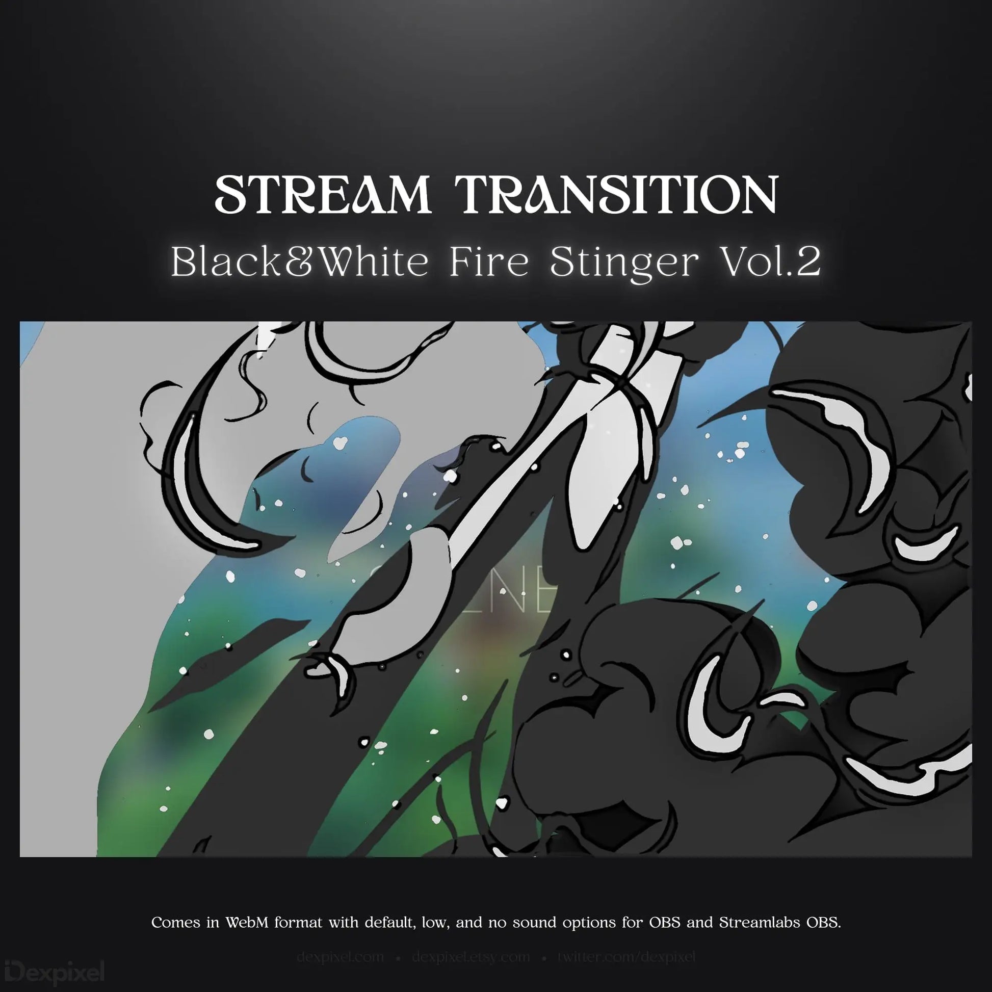 Black and white fire stream transition.