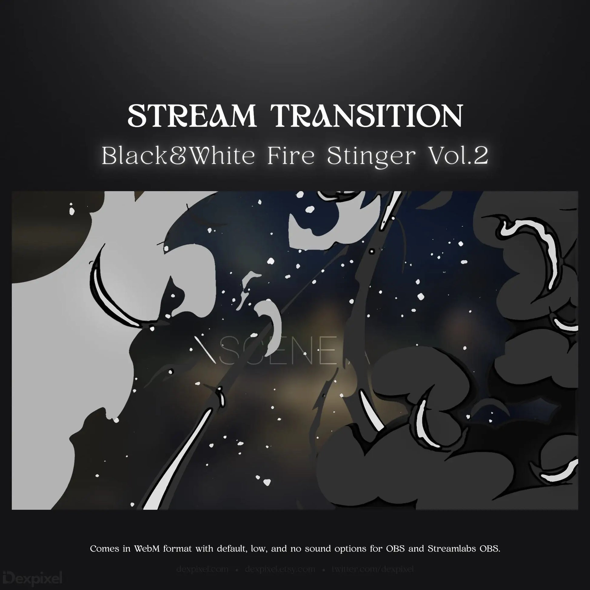 Black and white fire stinger stream transition.