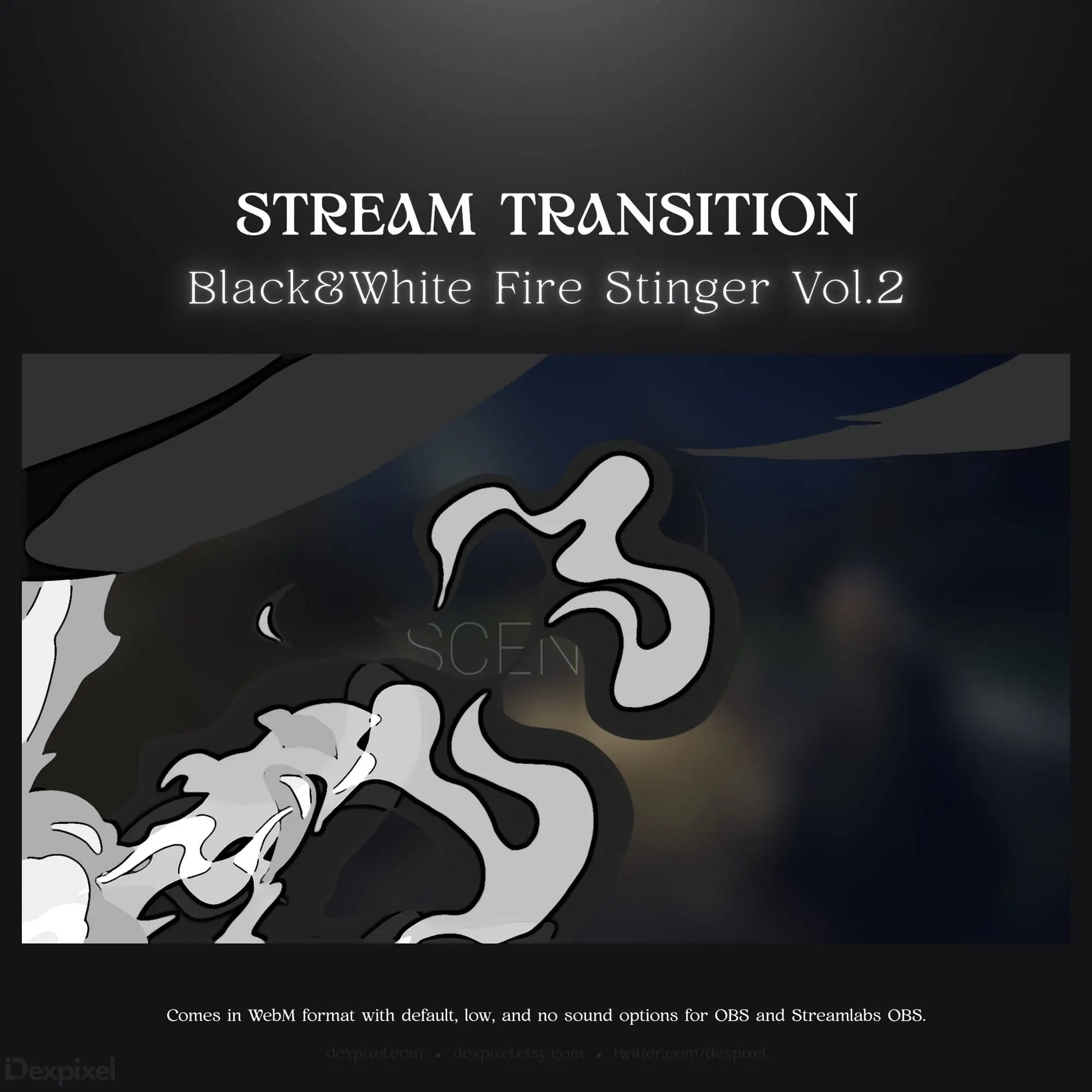 Black and white fire stinger stream transition.
