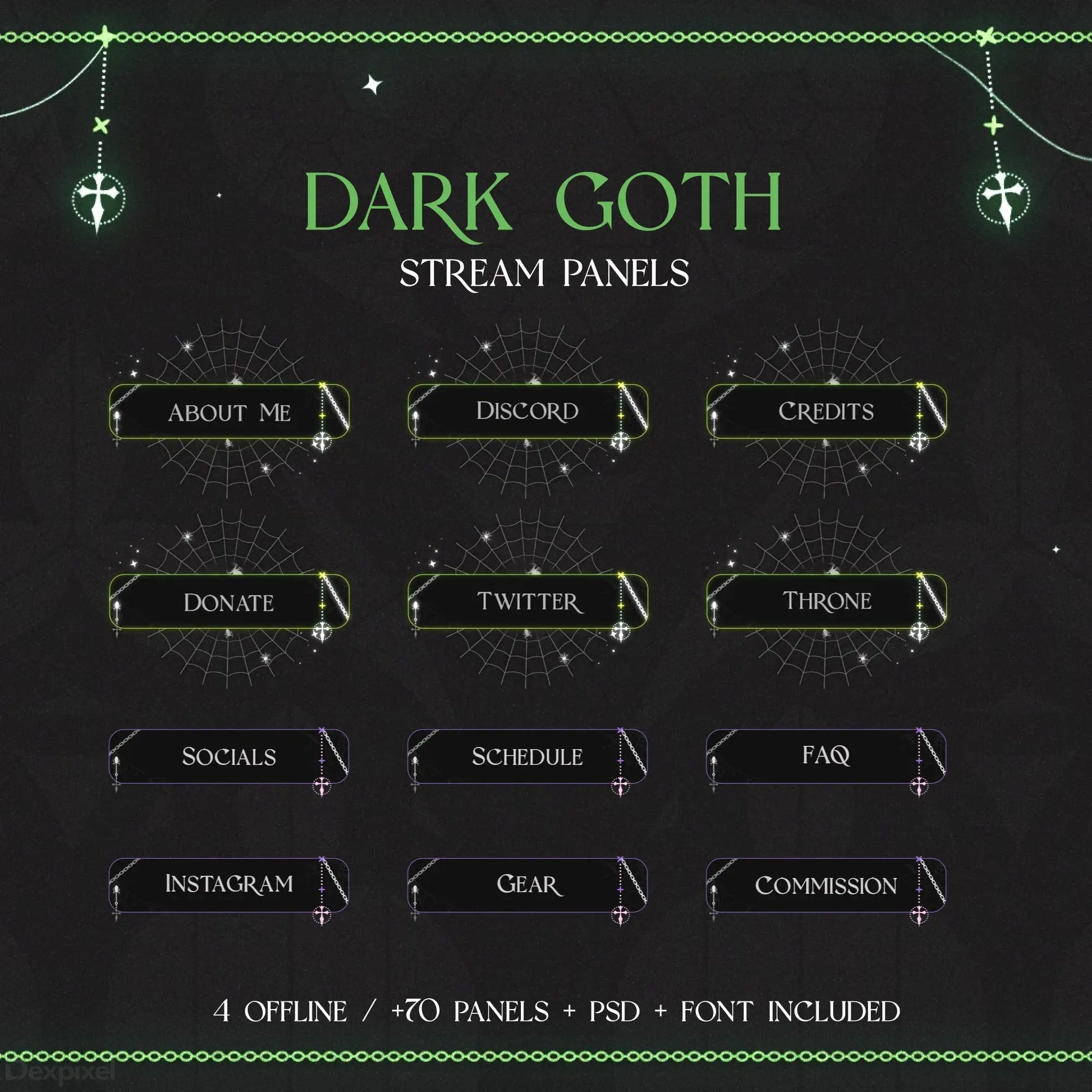 Dark gothic-themed Twitch stream panel set with inverted triangular buttons and decorative crosses.