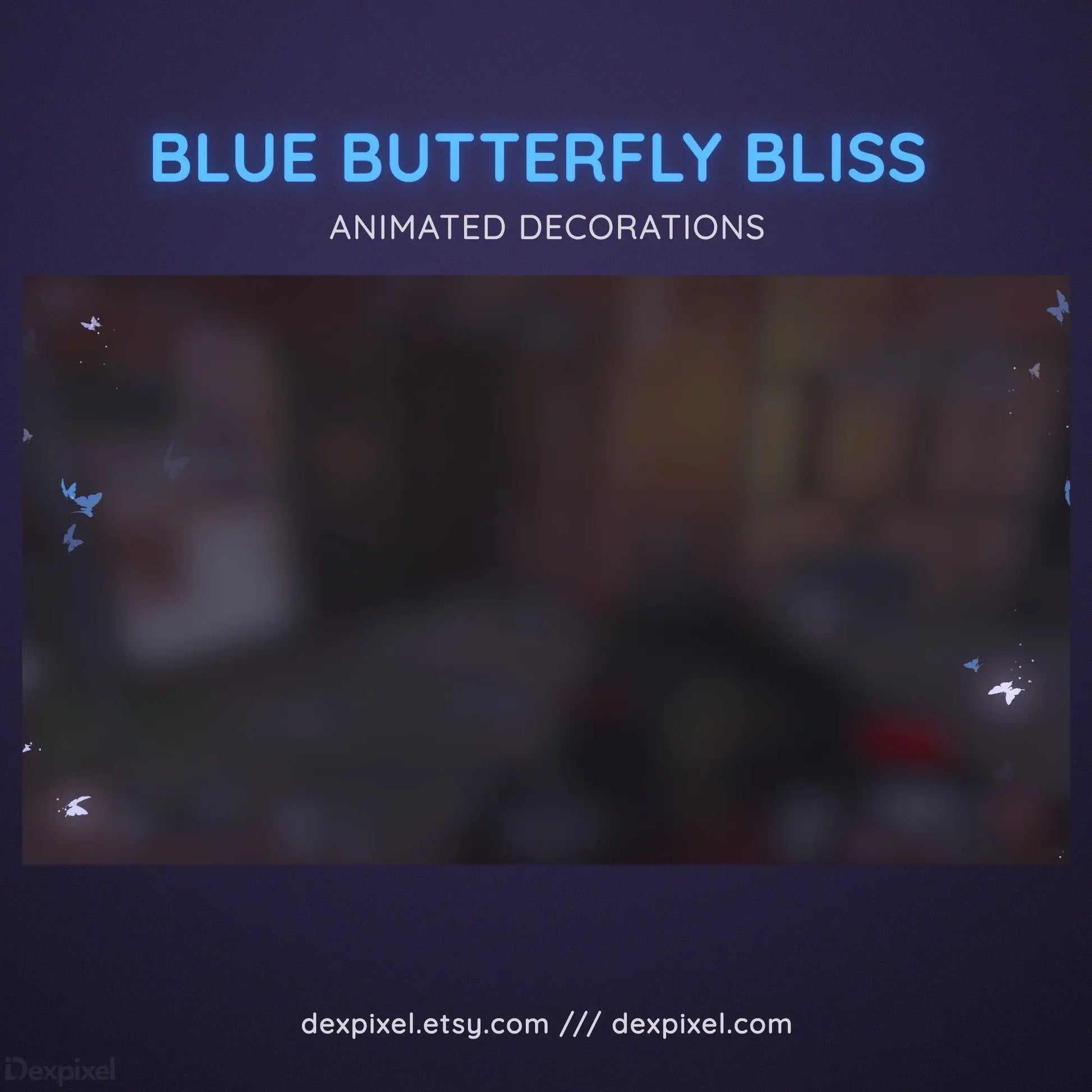 Blue Butterfly Bliss Animated Decoration showcasing blue butterflies and website URL