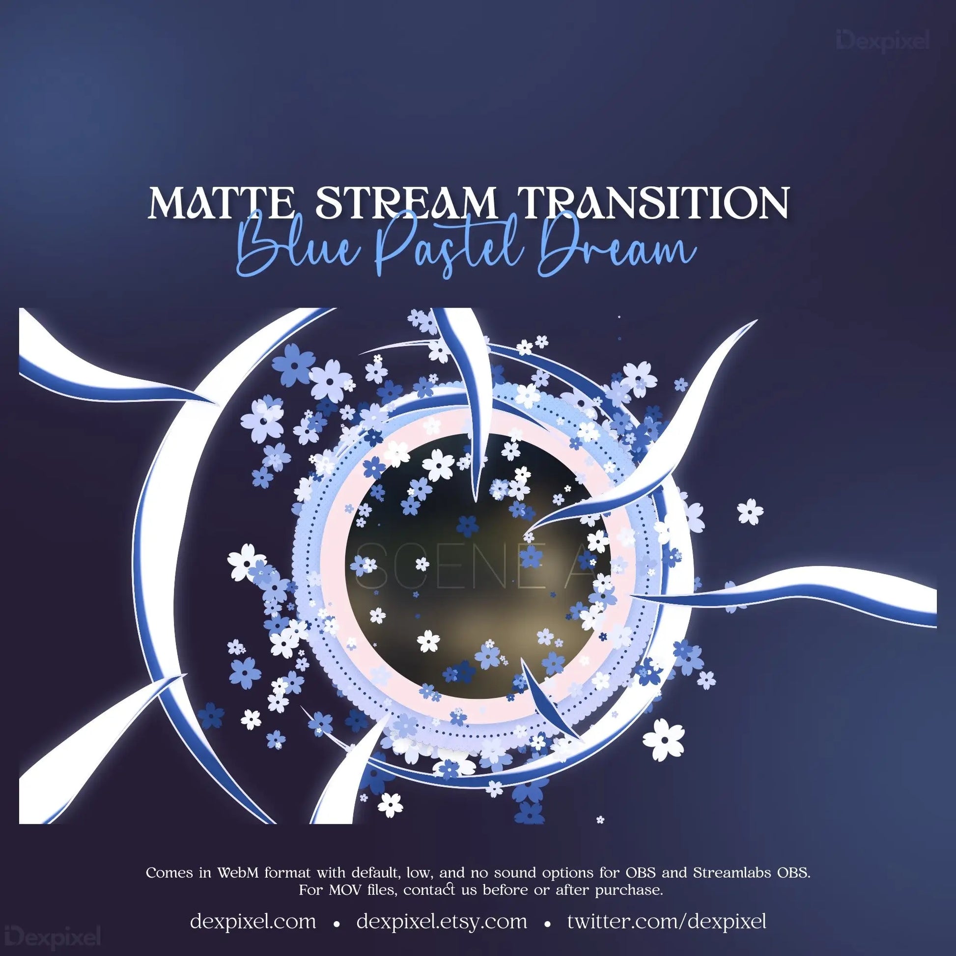 Circular blue and white streaming transition effect with floating flower petals in Blue Pastel Dream Celestial Stream Pack