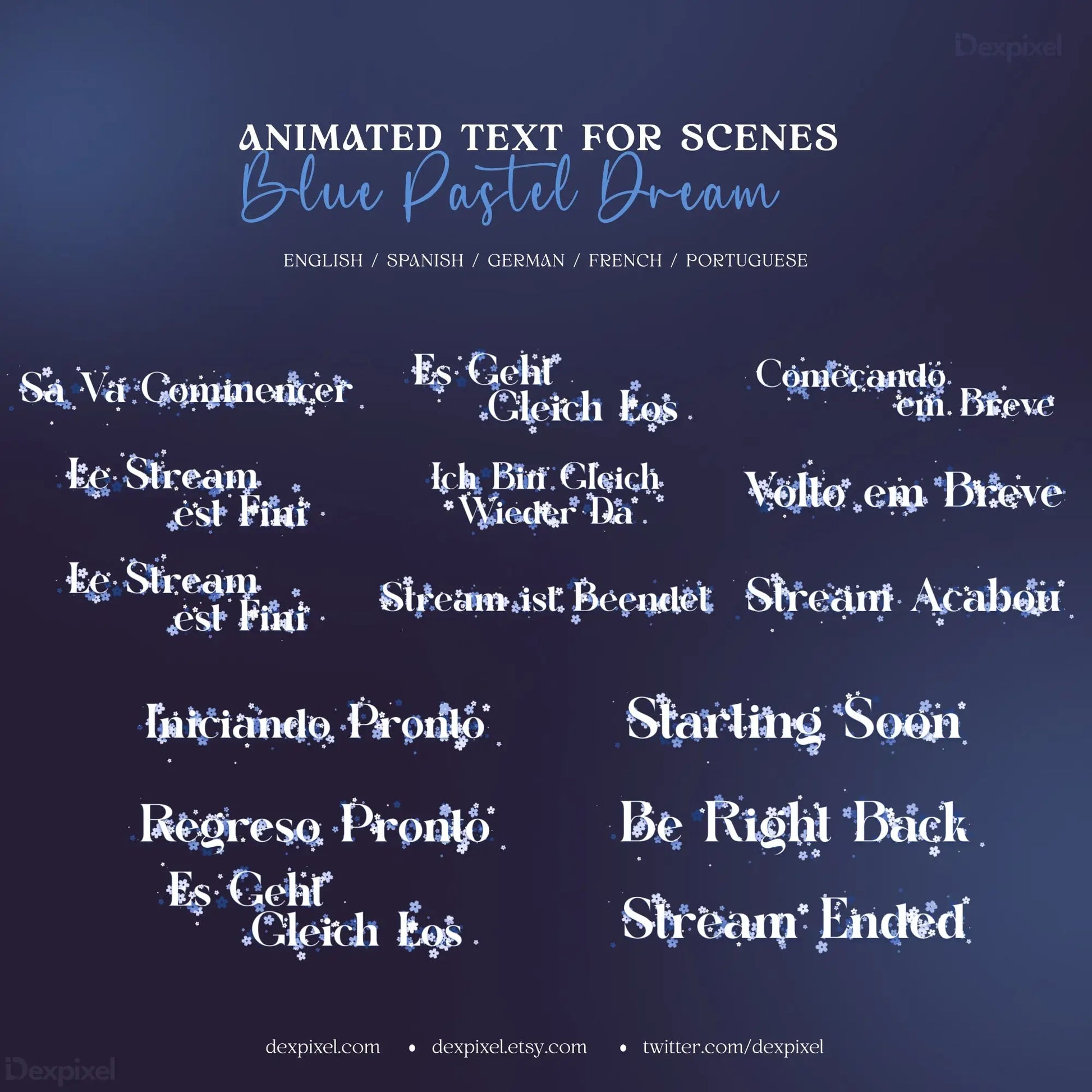 Collection of blue purple dream animated text overlays in a celestial pastel style