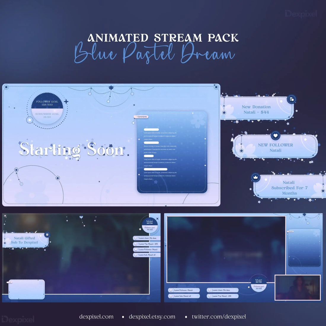 Stream overlay pack with blue pastel design elements for a dreamy animated experience