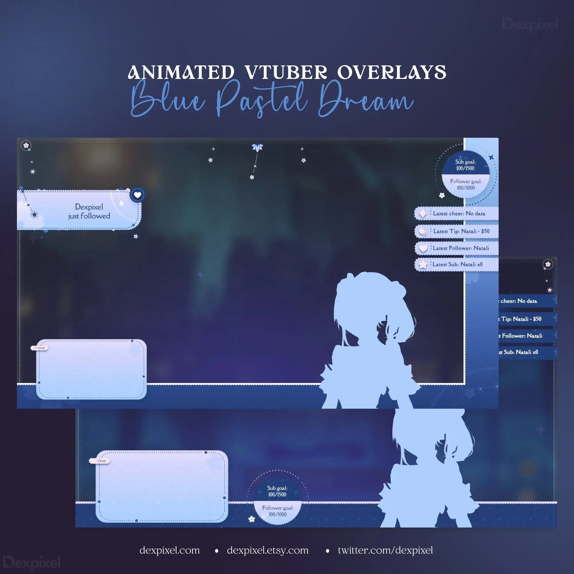 Animated VTuber overlay template featuring a blue purple dream celestial theme