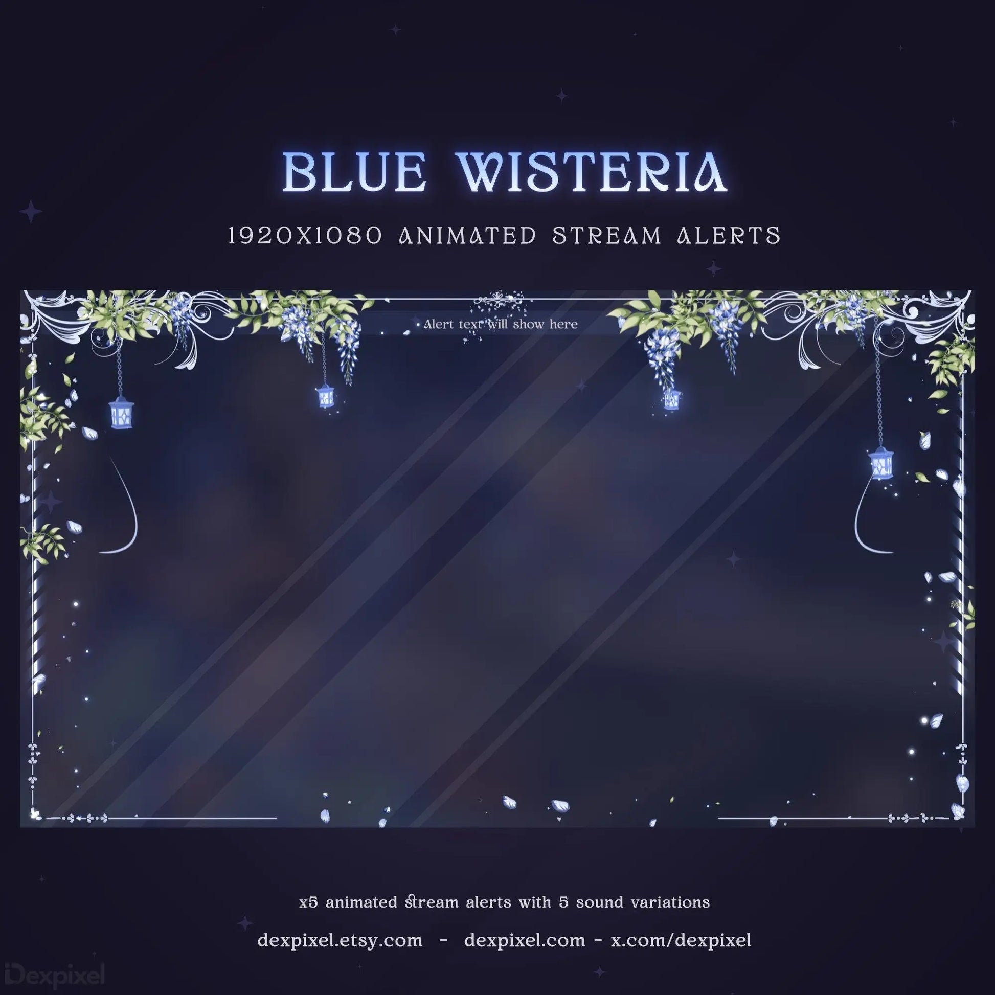 blue wisteria floral stream alerts for vtuber twitch