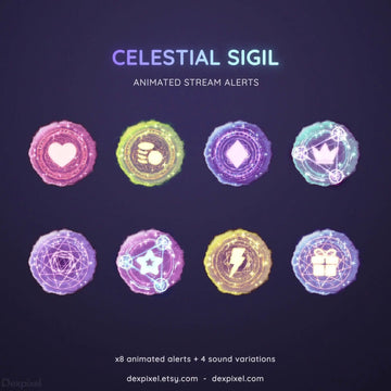 Set of eight glowing circular magical sigils in different colors with various symbols inside them.