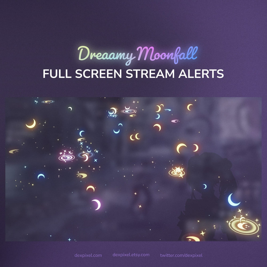 Neon moon-themed stream alert overlay with glowing crescents and stars on a dark background.