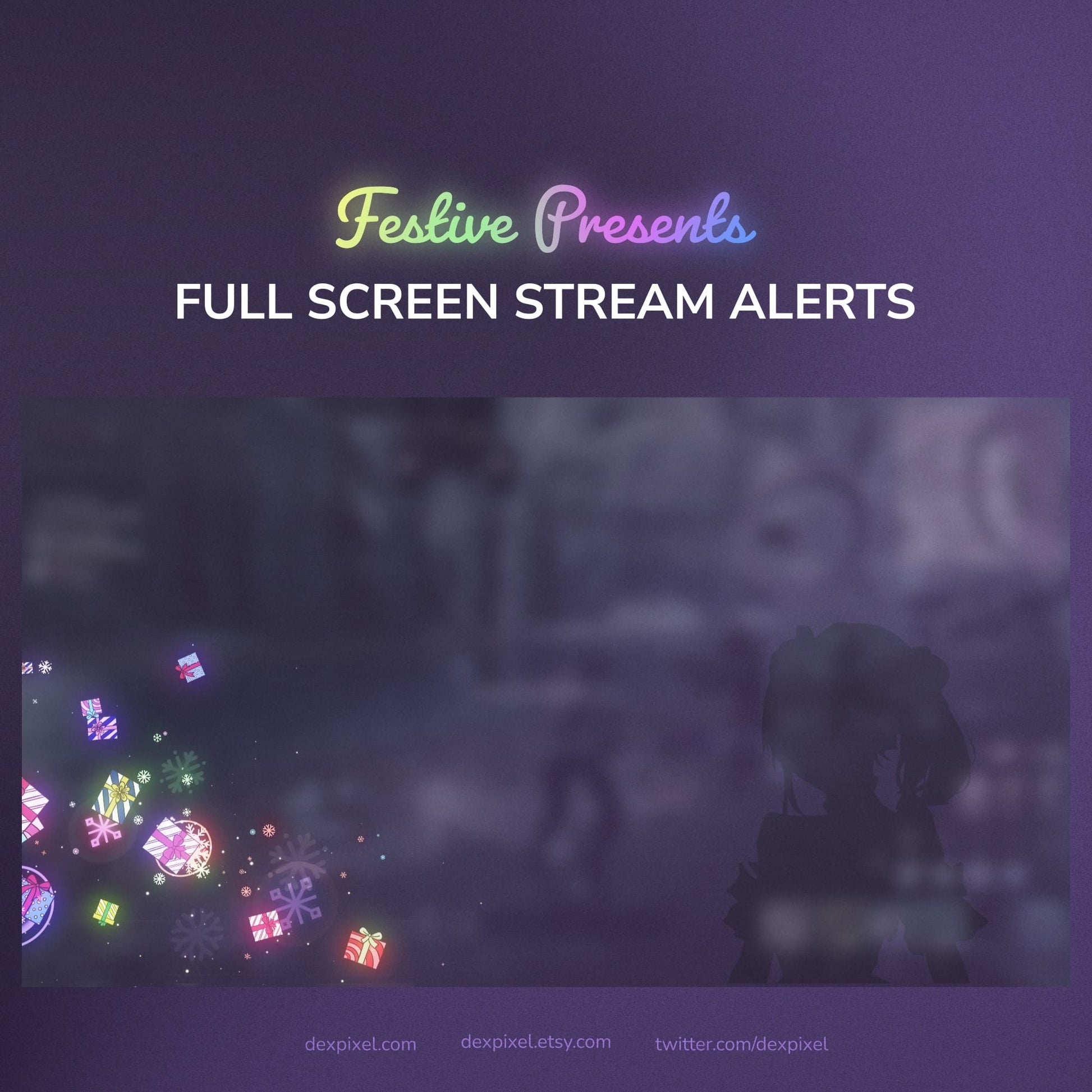 Promotional graphic for 'Festive Presents' full screen stream alerts with colorful text on a dark background.