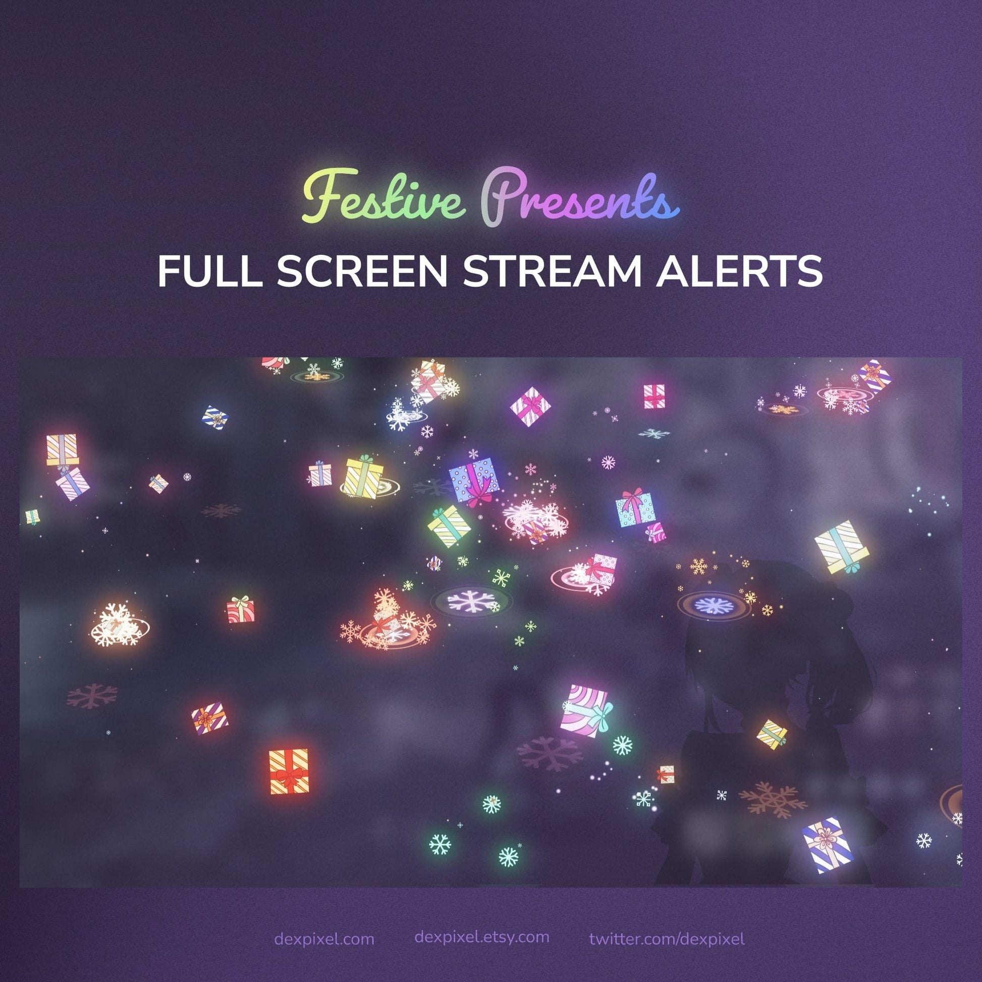 Promotional graphic for 'Festive Presents' full screen stream alerts with colorful gift icons on a dark background.