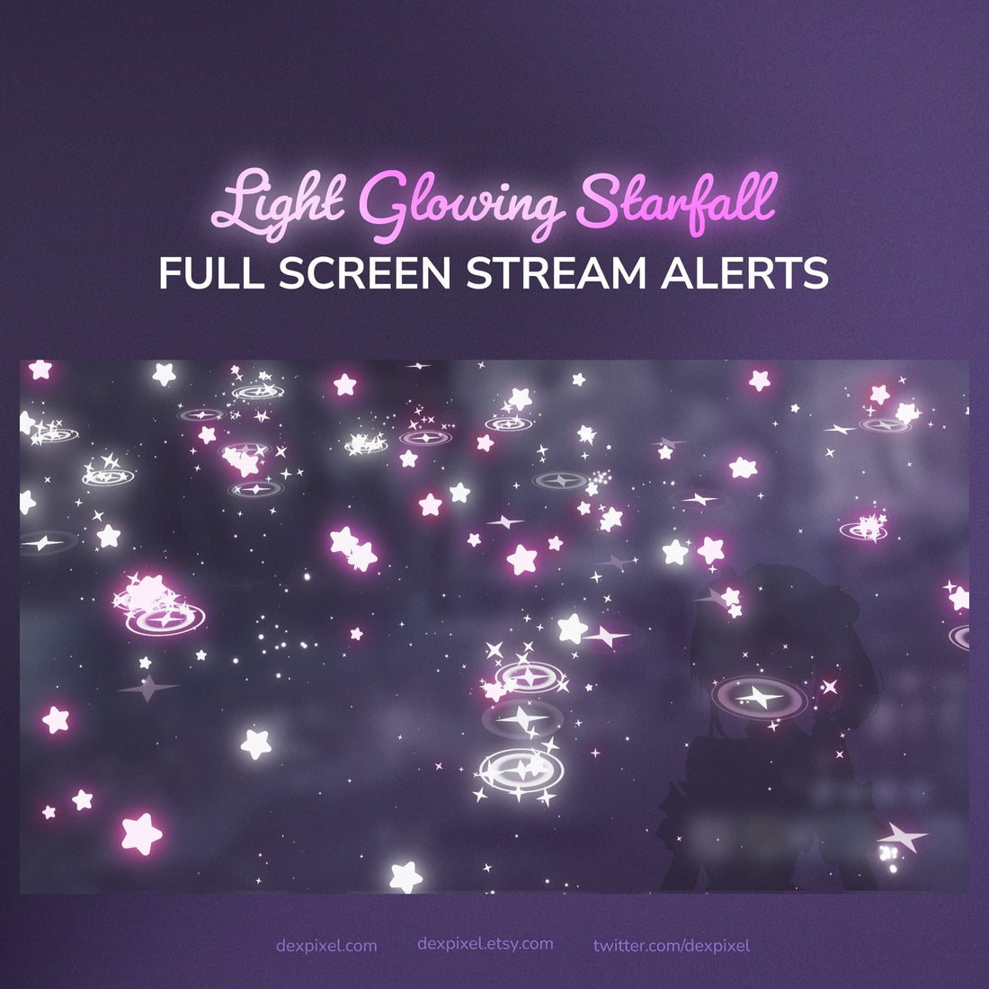 Glowing starfall effect with colorful stars on a dark background, labeled 'Glowing Starfall Full Screen Stream Alerts'.