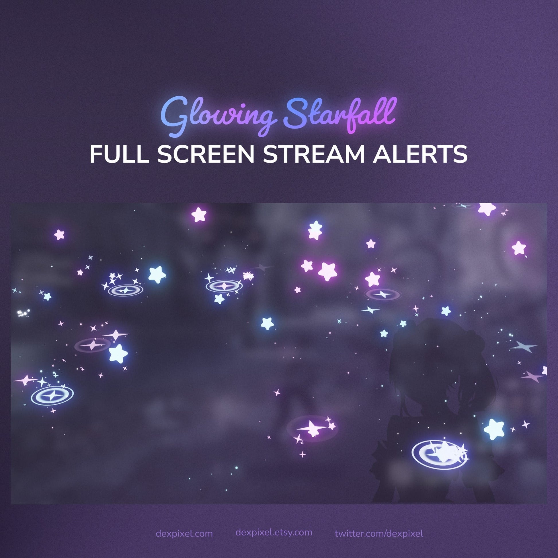 Glowing starfall effect with text 'Glowing Starfall Full Screen Stream Alerts' on a dark background.