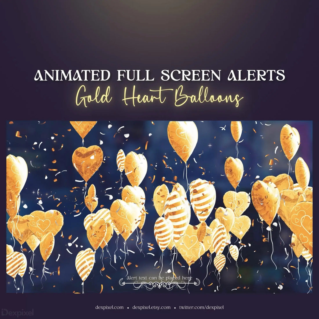 Golden heart-shaped balloons with striped patterns floating amid confetti.