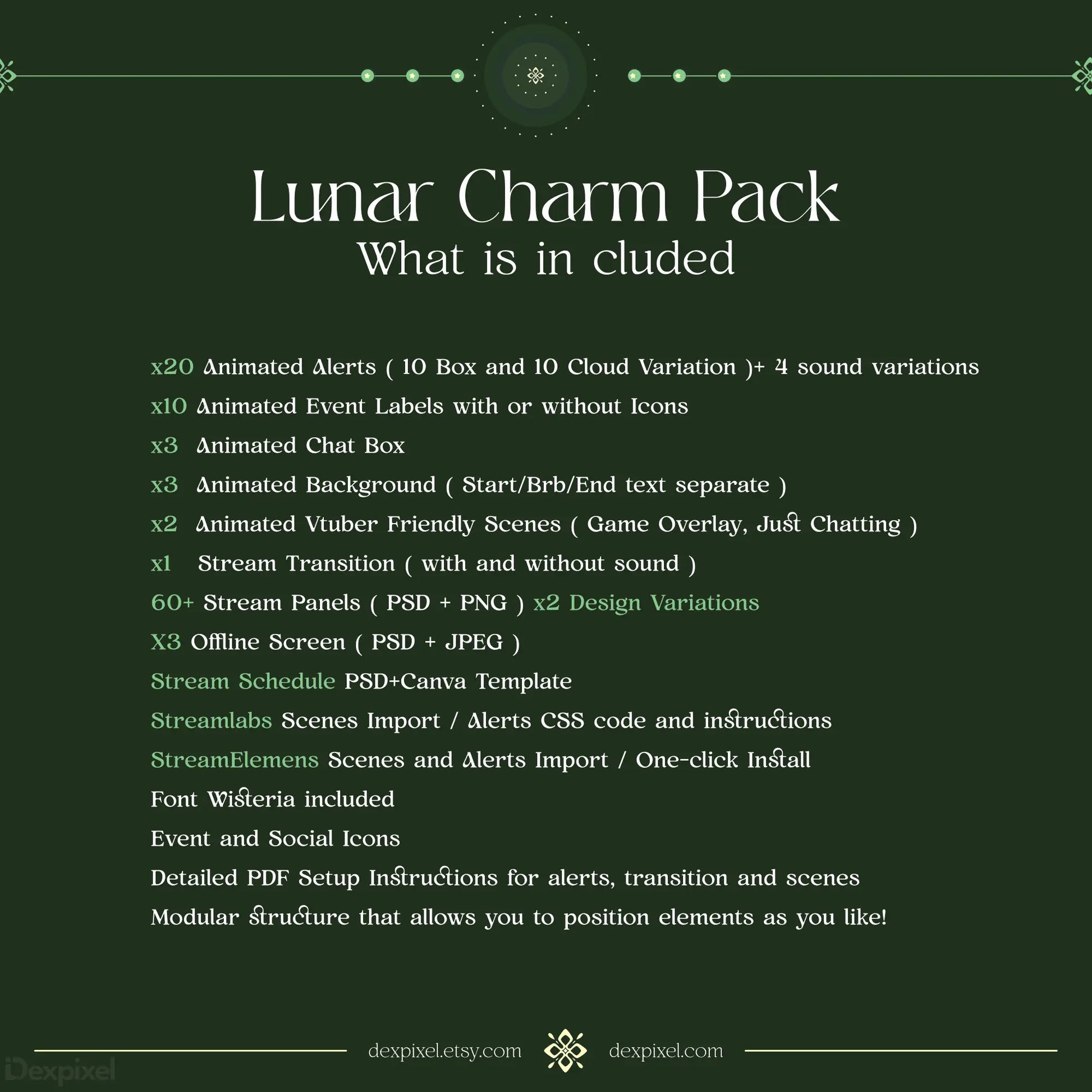 List of included features and contents for a Lunar Charm Pack streaming asset bundle.
