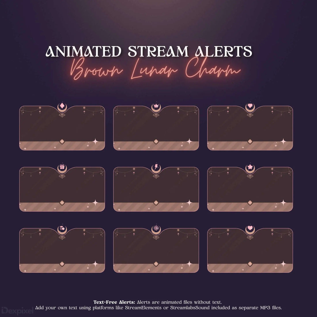 Set of glowing brown and pink Twitch stream alert notifications with sparkle effects.