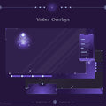 Purple and blue streaming overlay template with glowing elements and interface panels.