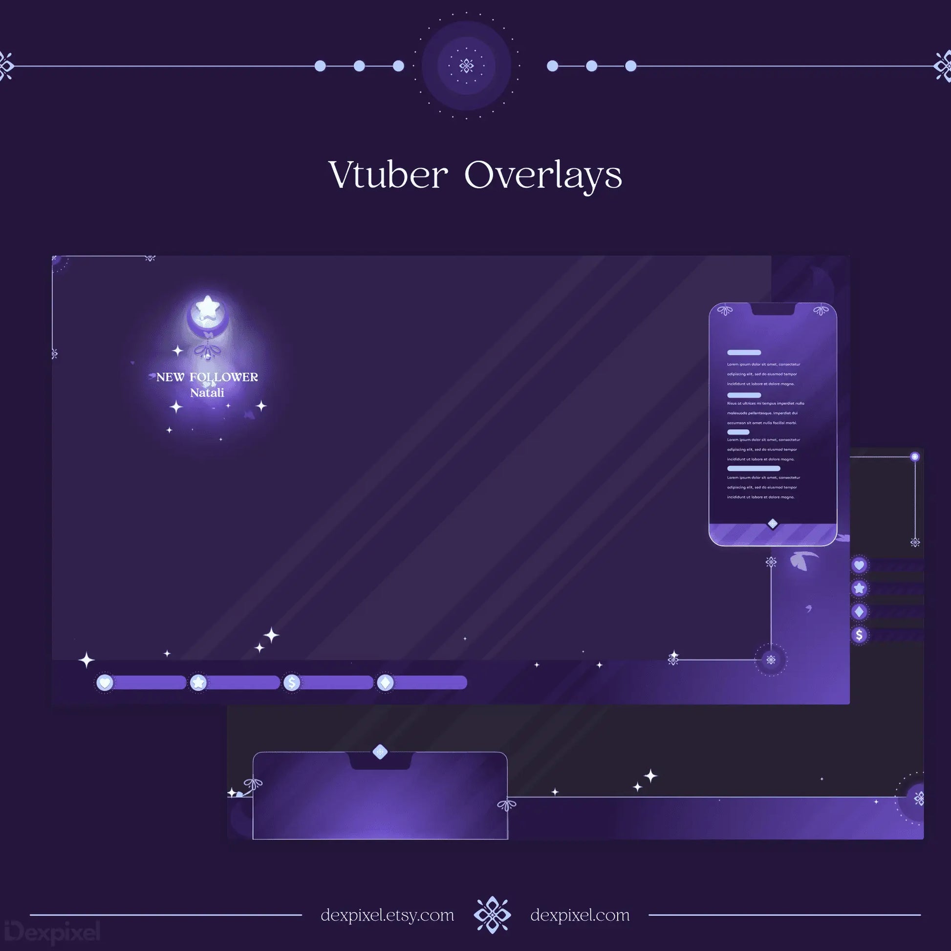 Purple and blue streaming overlay template with glowing elements and interface panels.