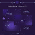 Collection of animated stream scenes with purple and blue cosmic designs and text overlays.