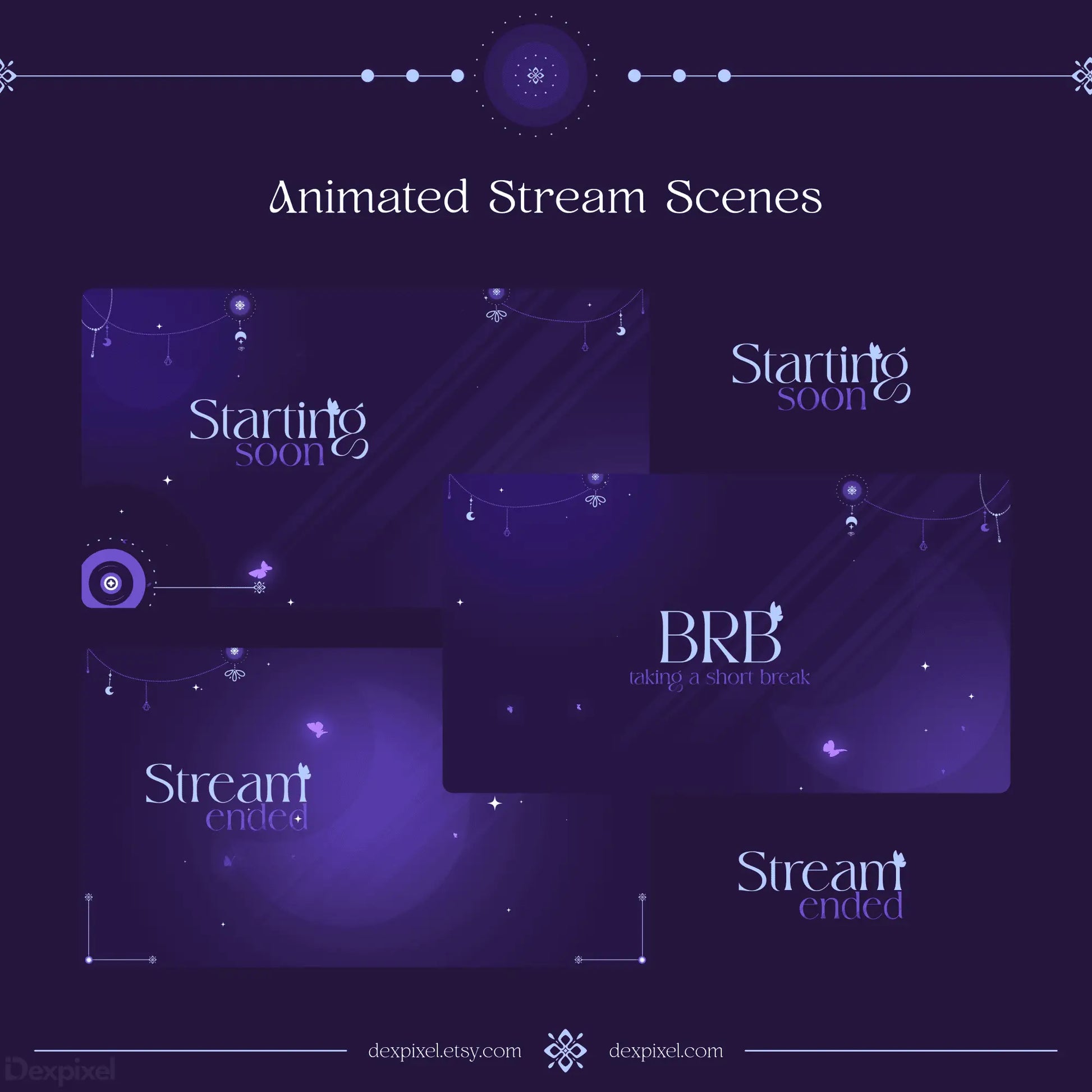 Collection of animated stream scenes with purple and blue cosmic designs and text overlays.