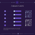 Purple animated labels interface with sliding toggles and icon sets.