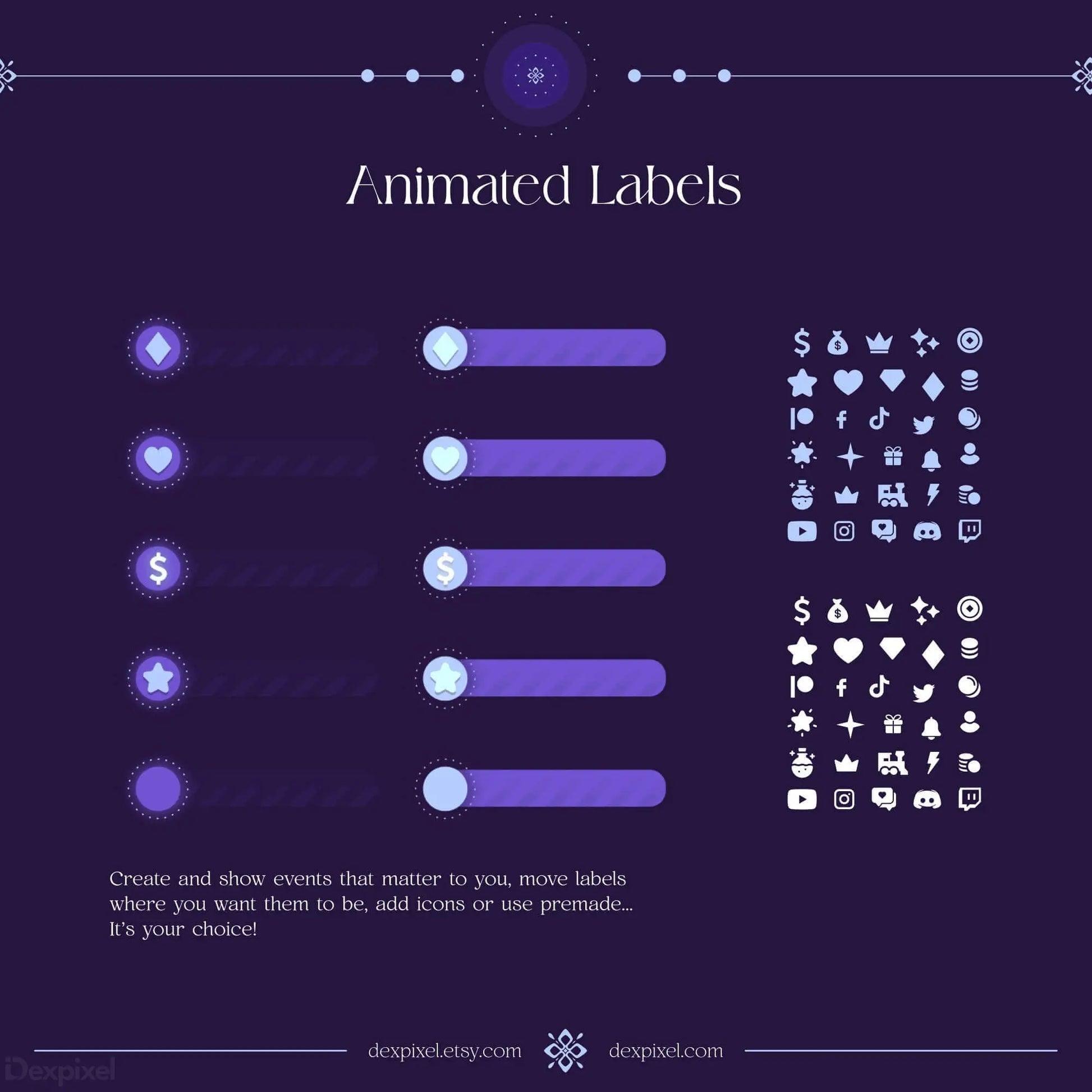 Purple animated labels interface with sliding toggles and icon sets.
