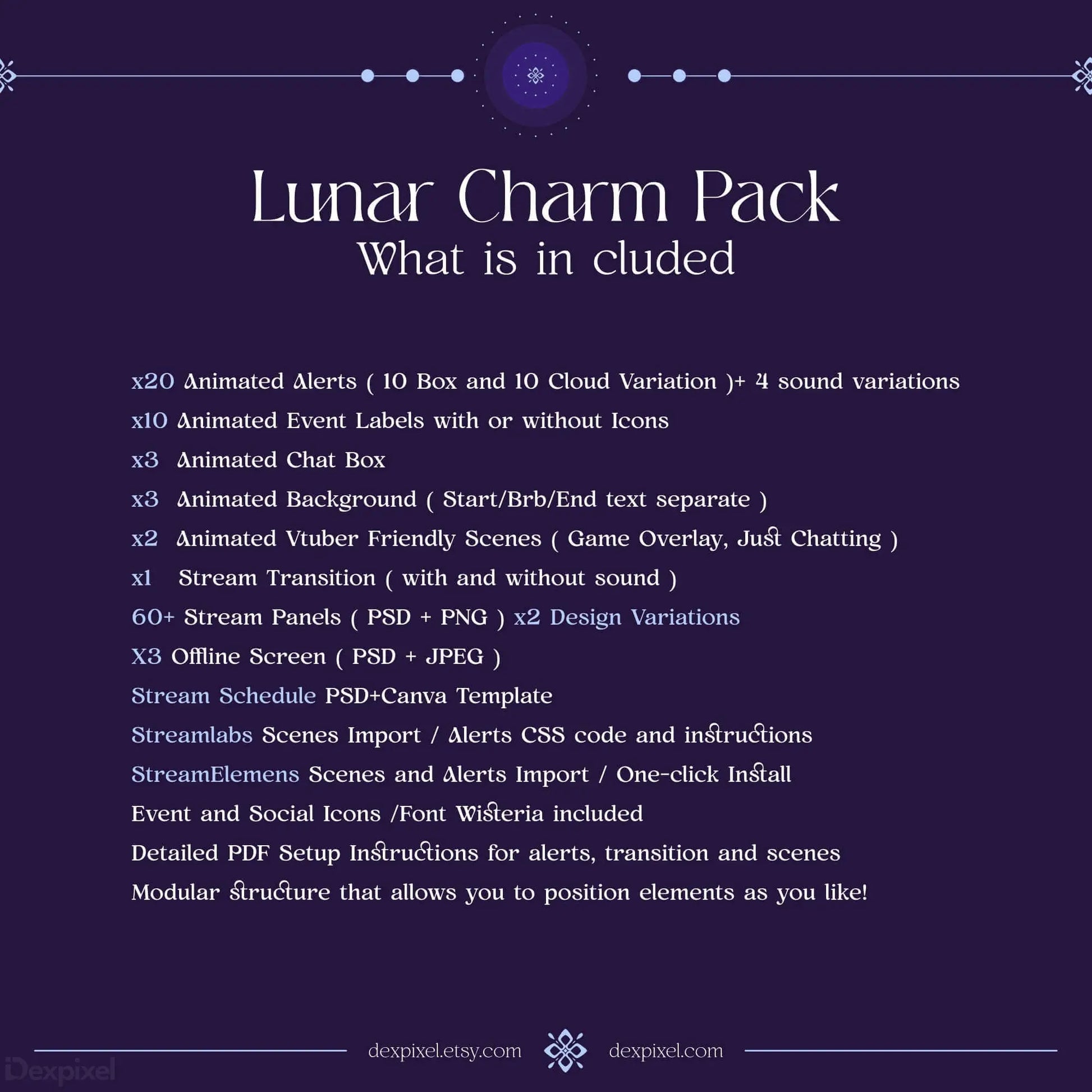 Product listing showing contents of a ’Lunar Charm Pack’ for streaming assets and overlays.