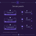 Set of mystical purple streaming panels with celestial decorative elements and button designs.