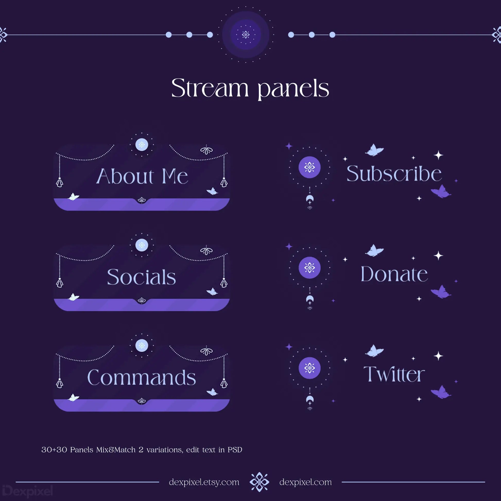 Set of mystical purple streaming panels with celestial decorative elements and button designs.