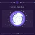 Glowing purple and white circular stream transition animation with a butterfly-like design at its center.