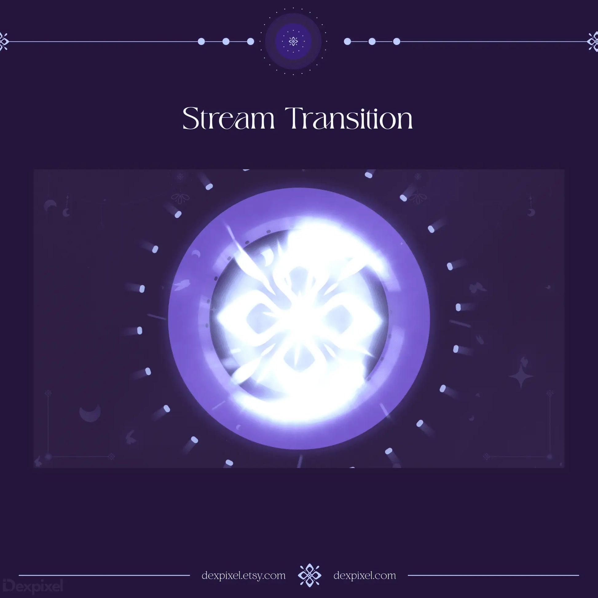 Glowing purple and white circular stream transition animation with a butterfly-like design at its center.