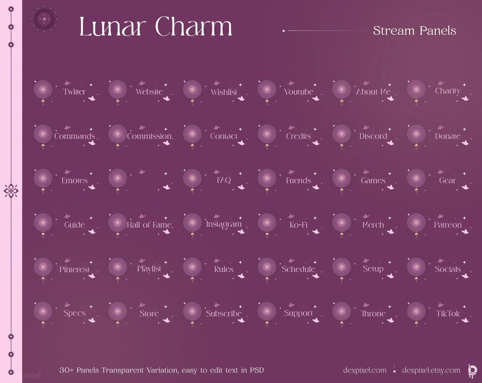 Stream panels overlay template with lunar-themed design elements and text in purple tones.