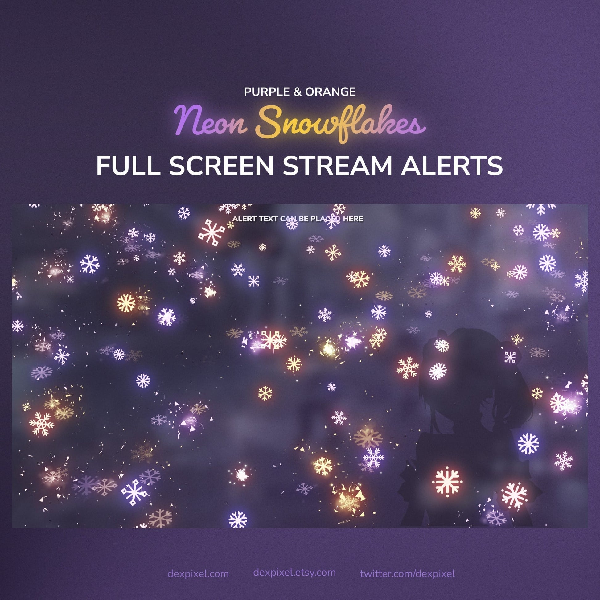 Neon snowflake stream overlay design with purple and orange hues, glowing effect.