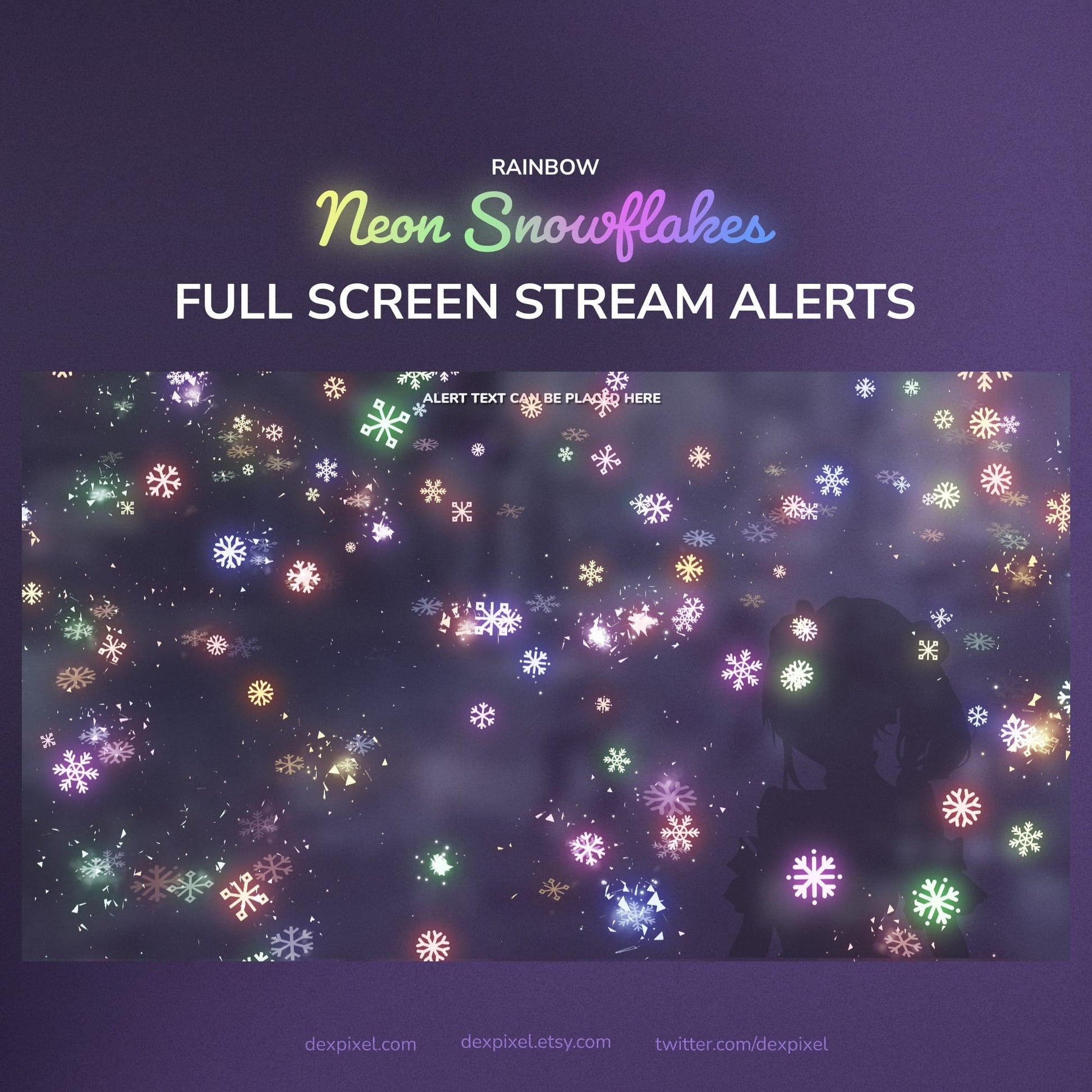 Neon snowflake stream overlay design with rainbow colors and glitter effect.