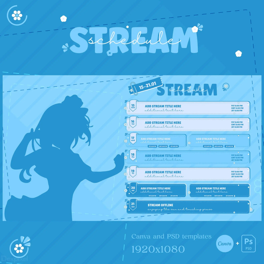 Stream overlay template with an anime-style silhouette design in blue tones.