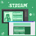 Stream overlay design interface showing chat panels and anime-style silhouette elements.