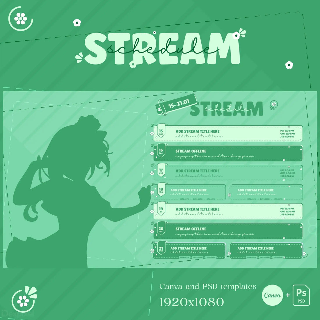 Stream overlay template with an anime-style silhouette and chat panels in green monochromatic colors.