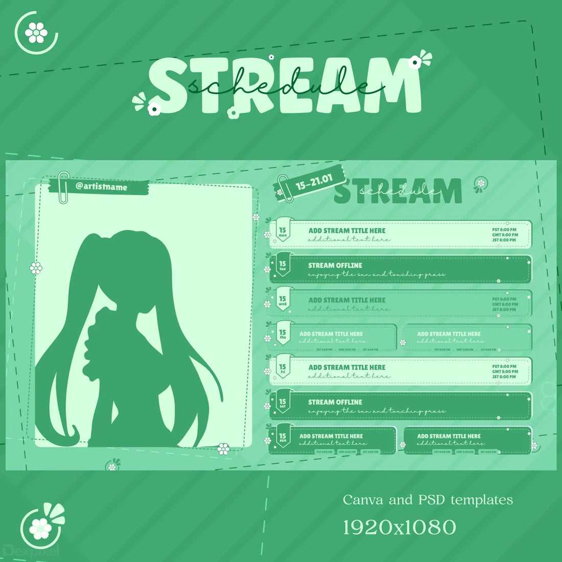 Stream overlay template with an anime-style silhouette and chat panels in green monochromatic colors.