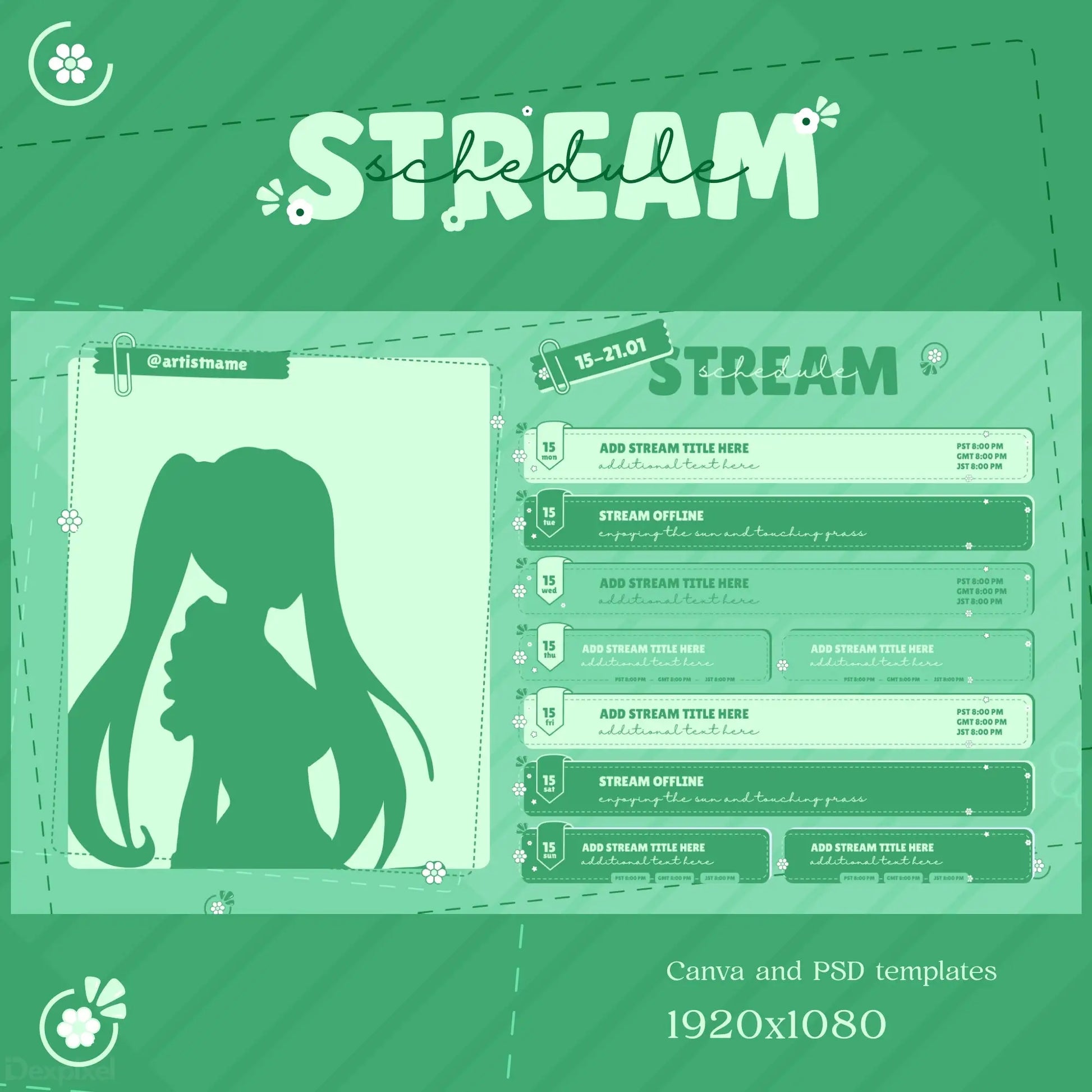 Stream overlay template with an anime-style silhouette and chat panels in green monochromatic colors.
