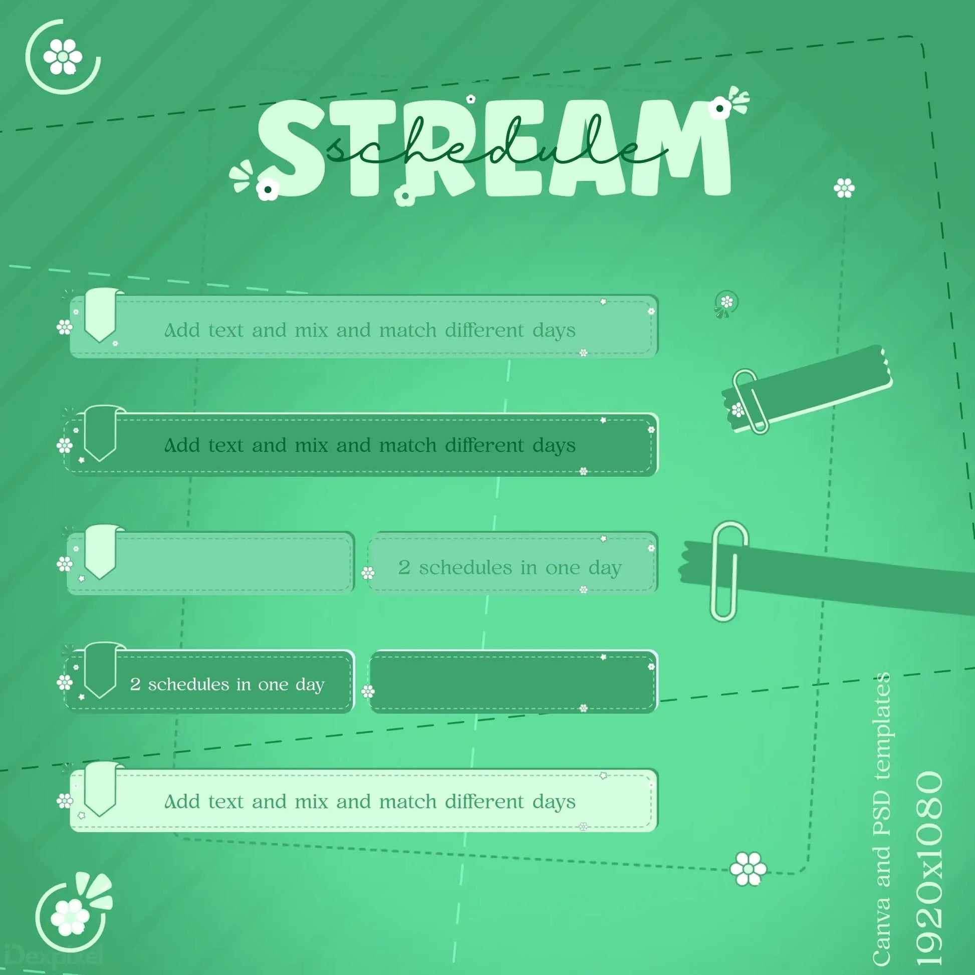 Green template design with ’STREAM’ text and empty text input fields.