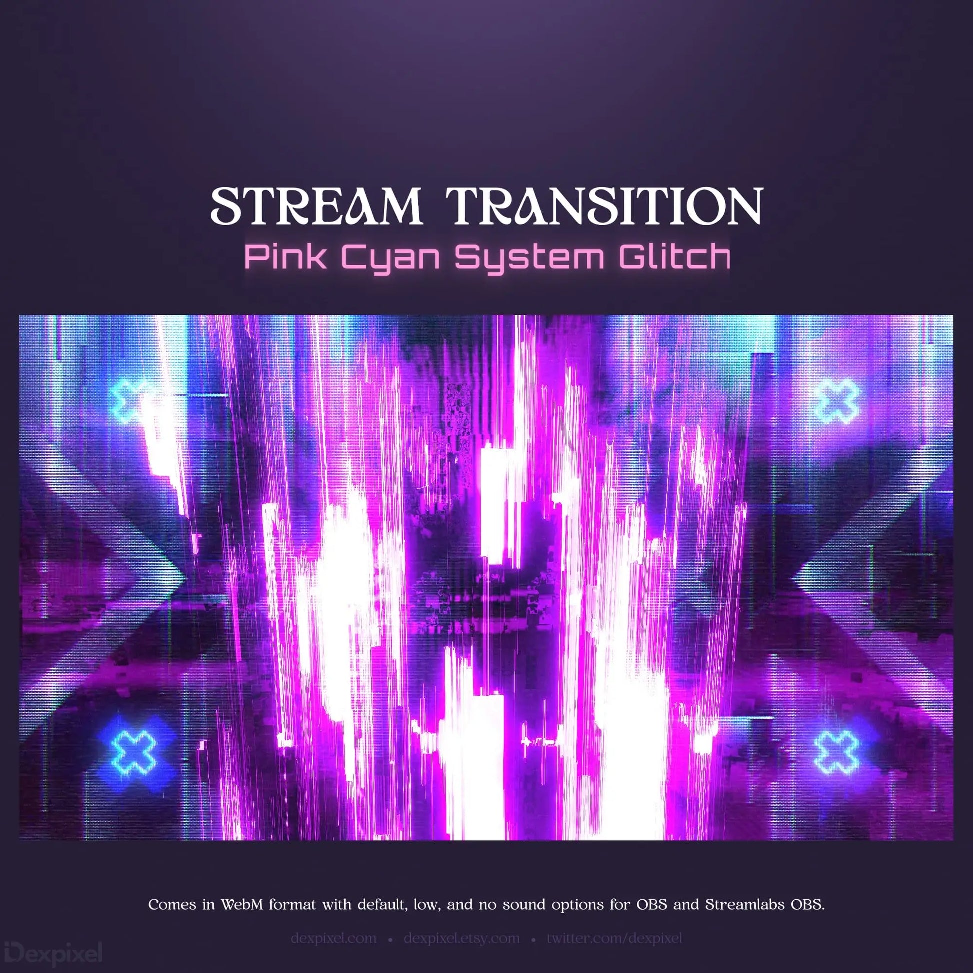 Pink and cyan stream transition with glitch effects.