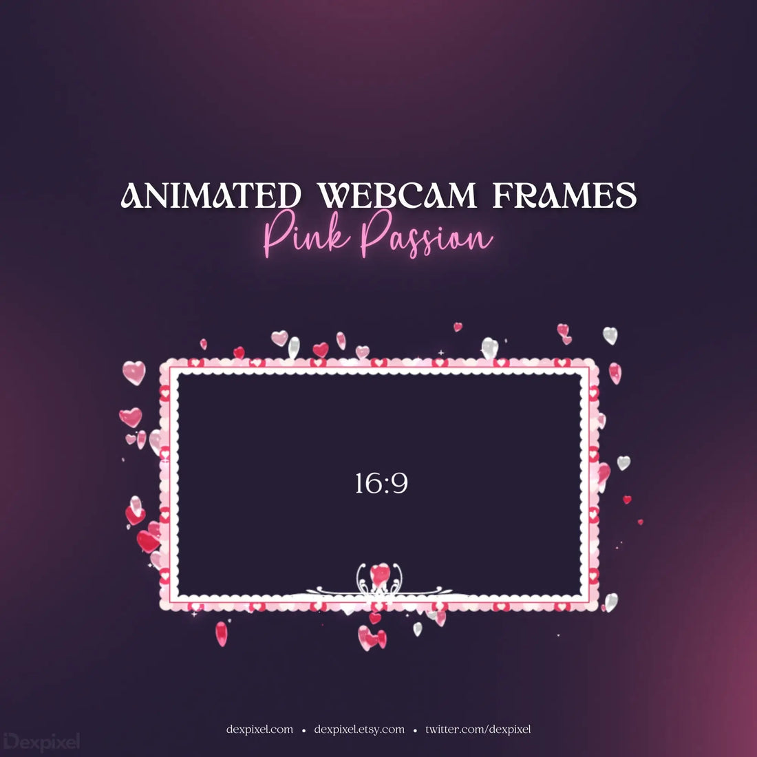 Stream overlay template with pink heart frames and floral decorations.