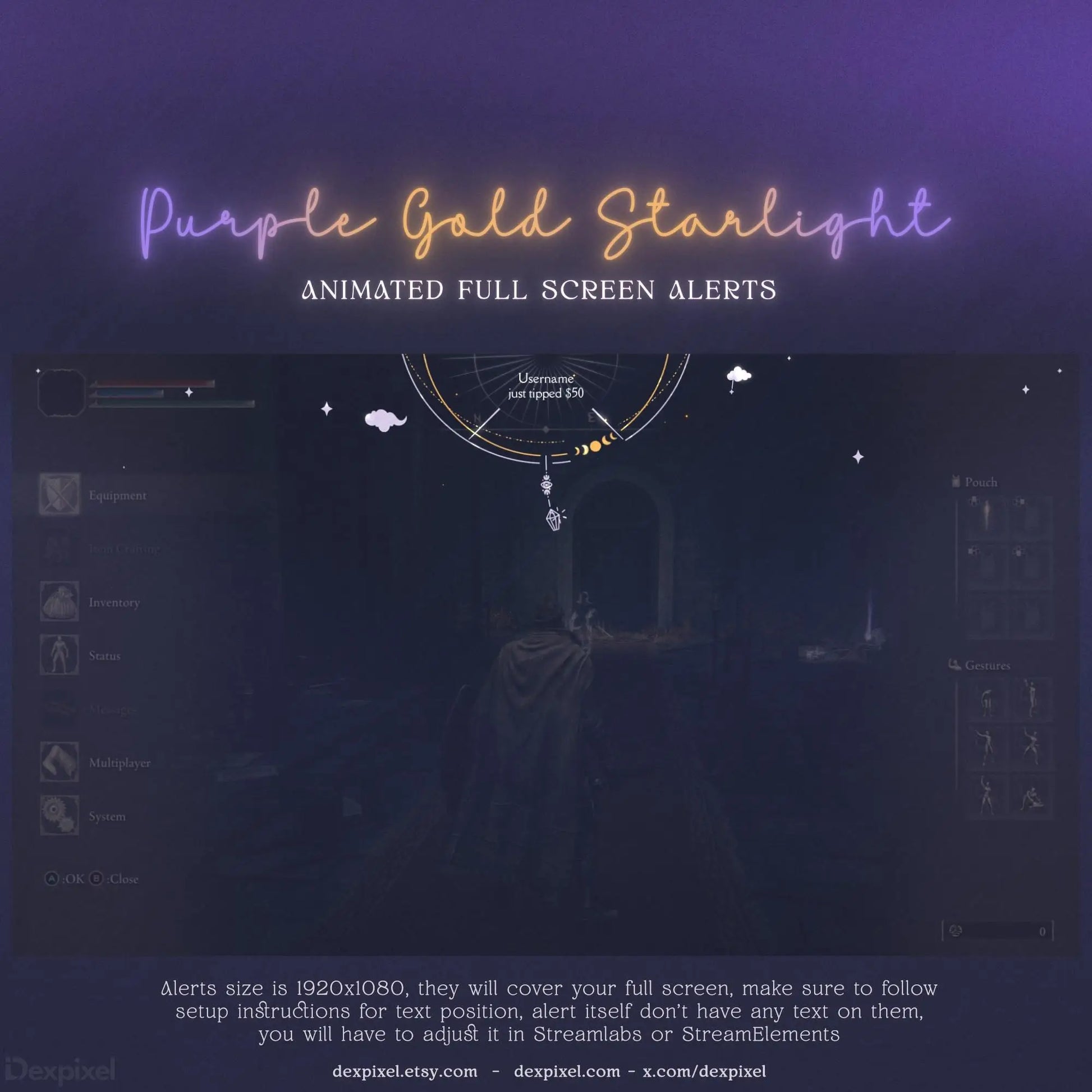 Purple Gold full screen twitch stream alert with celestial design