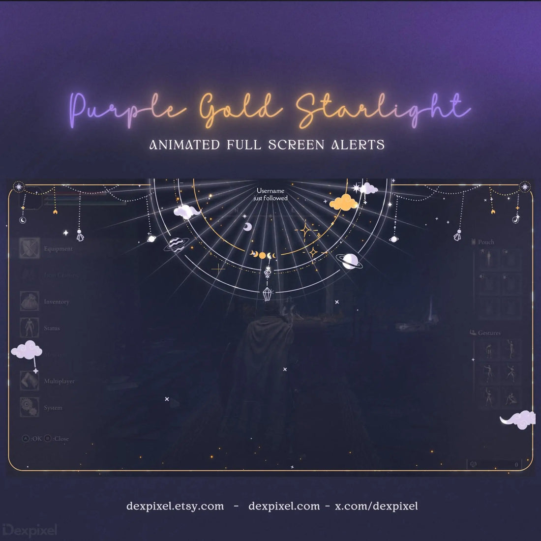 purple gold starlight animated stream alert full screen